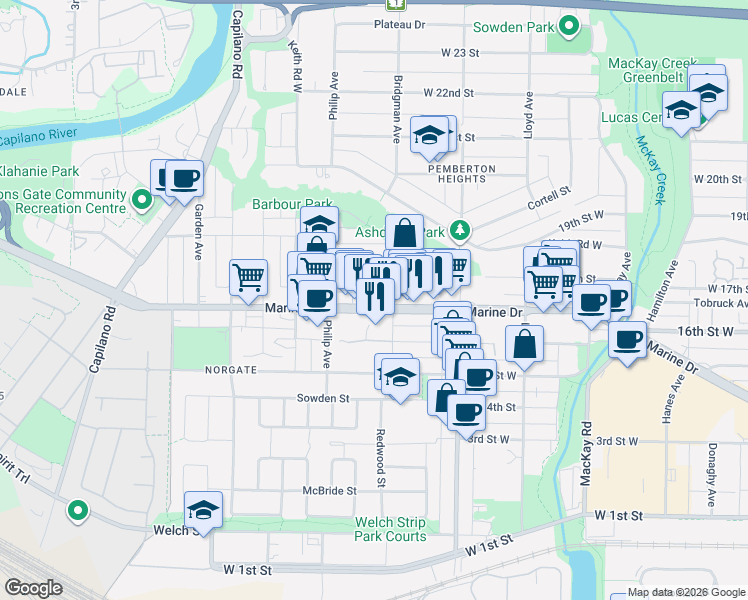 map of restaurants, bars, coffee shops, grocery stores, and more near 1330 Marine Drive in North Vancouver