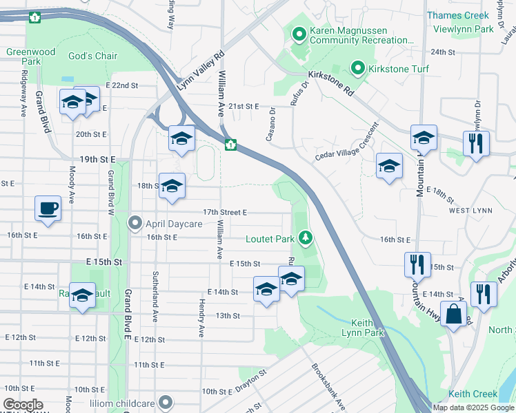 map of restaurants, bars, coffee shops, grocery stores, and more near 852 17th Street East in North Vancouver