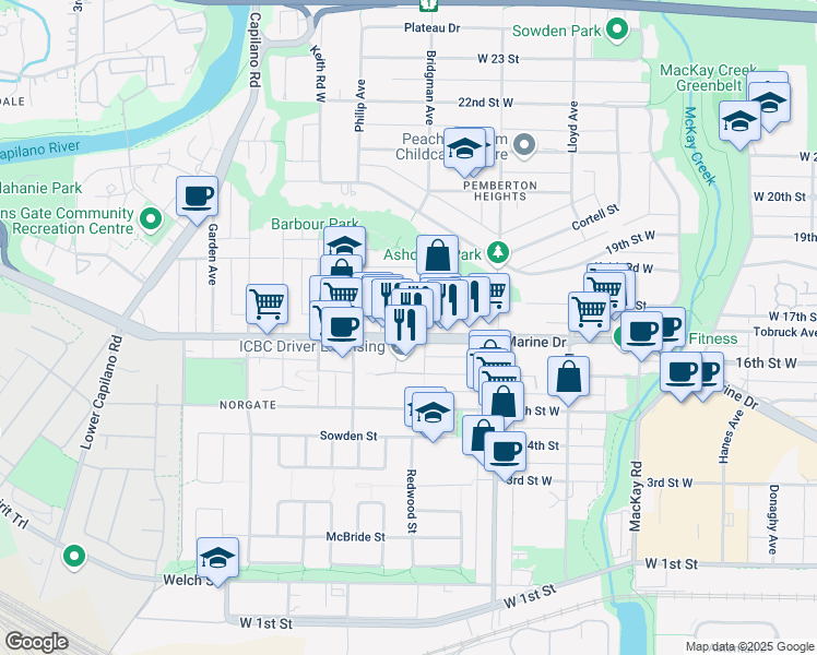 map of restaurants, bars, coffee shops, grocery stores, and more near 1330 Marine Drive in North Vancouver