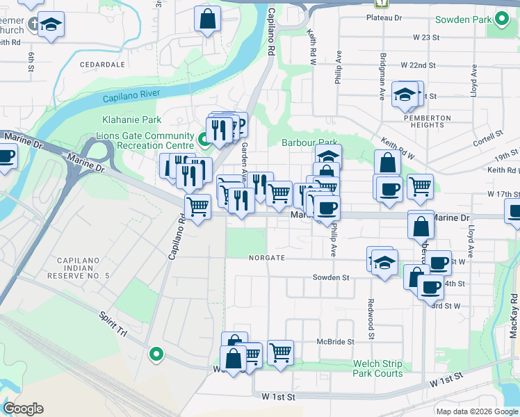 map of restaurants, bars, coffee shops, grocery stores, and more near 1633 Tatlow Avenue in North Vancouver