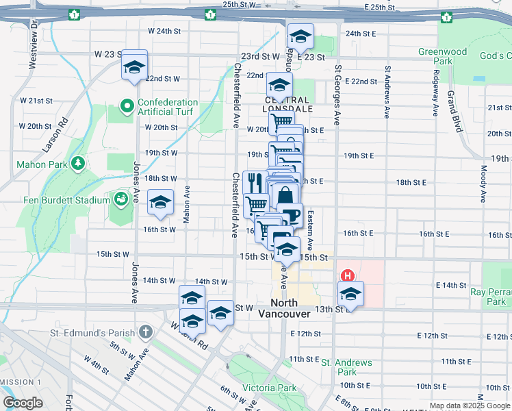 map of restaurants, bars, coffee shops, grocery stores, and more near in North Vancouver