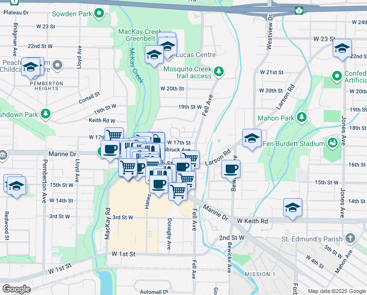 map of restaurants, bars, coffee shops, grocery stores, and more near 838 Tobruck Avenue in North Vancouver