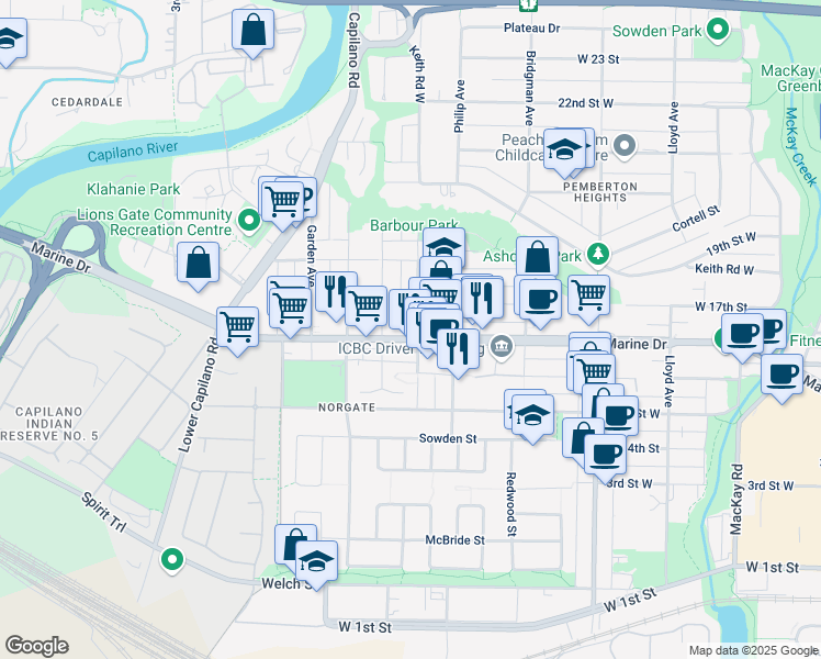 map of restaurants, bars, coffee shops, grocery stores, and more near 1509 Marine Drive in North Vancouver