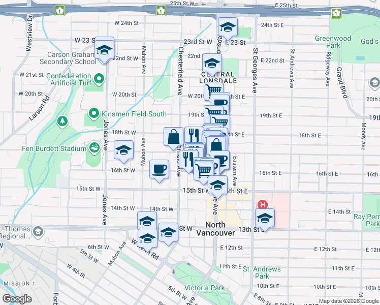 map of restaurants, bars, coffee shops, grocery stores, and more near in North Vancouver