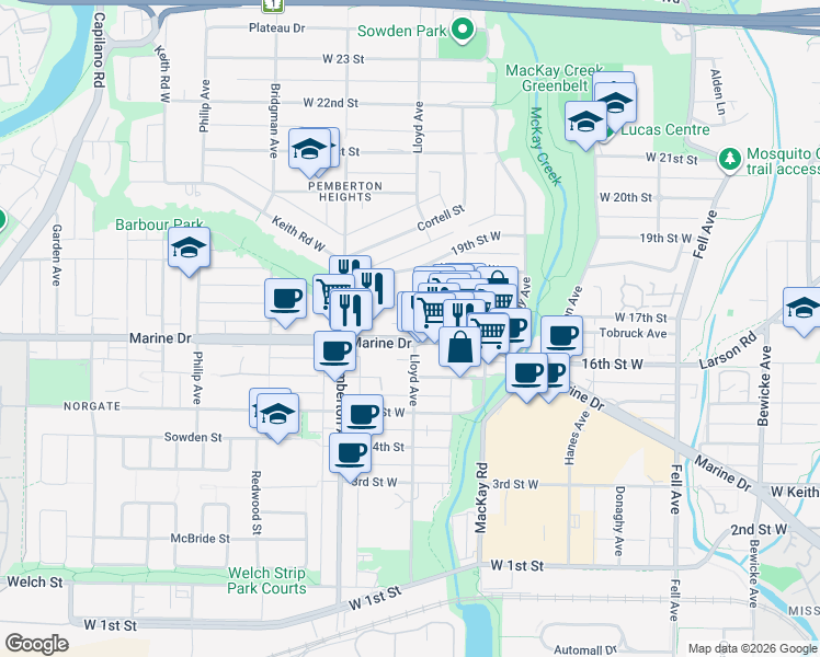 map of restaurants, bars, coffee shops, grocery stores, and more near 1673 Lloyd Avenue in North Vancouver