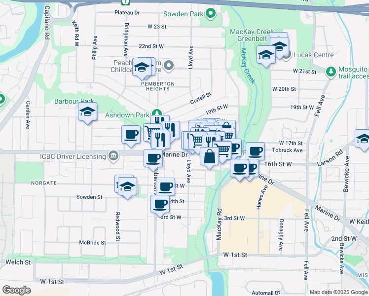 map of restaurants, bars, coffee shops, grocery stores, and more near 1673 Lloyd Avenue in North Vancouver