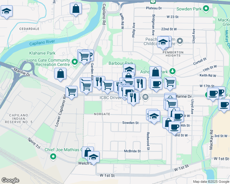 map of restaurants, bars, coffee shops, grocery stores, and more near 1509 Marine Drive in North Vancouver