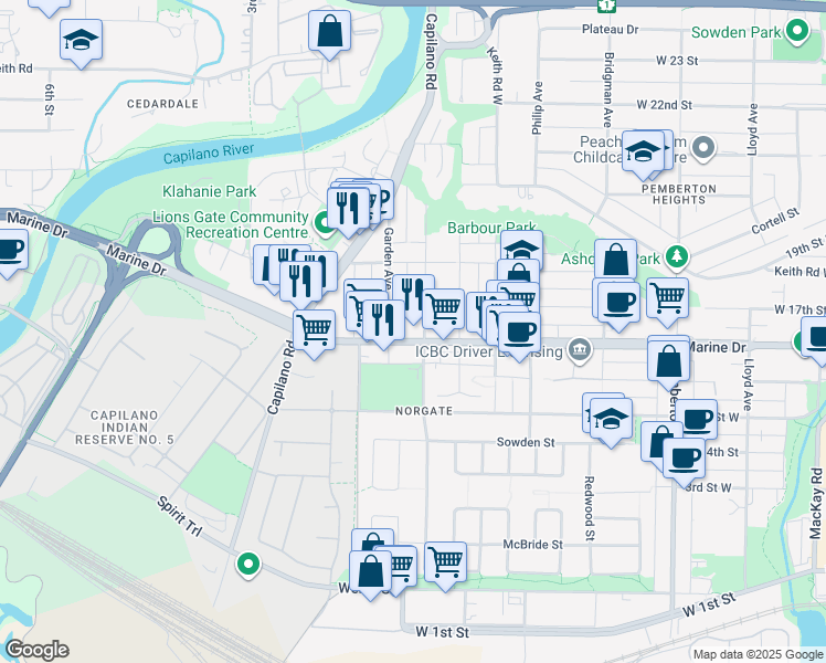 map of restaurants, bars, coffee shops, grocery stores, and more near 1633 Tatlow Avenue in North Vancouver