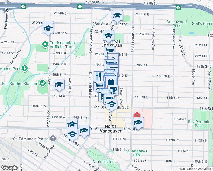 map of restaurants, bars, coffee shops, grocery stores, and more near 120 West 17th Street in North Vancouver