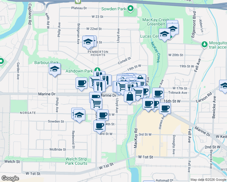 map of restaurants, bars, coffee shops, grocery stores, and more near in North Vancouver