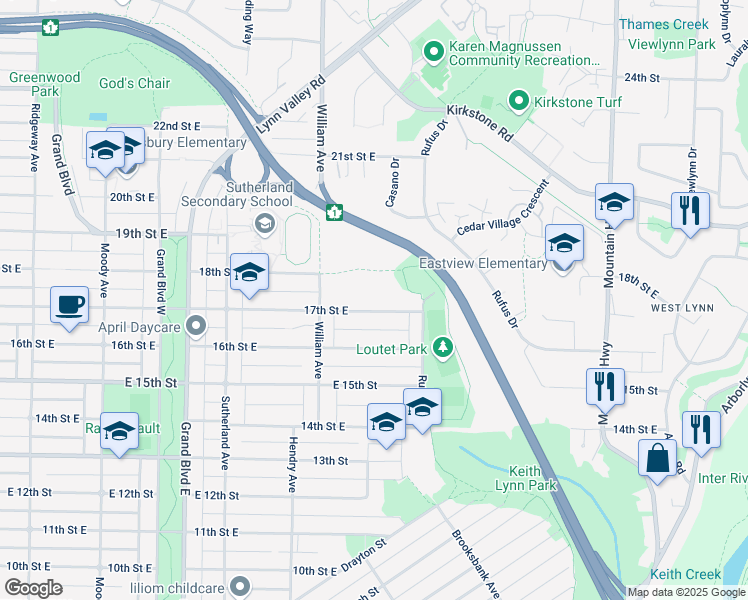 map of restaurants, bars, coffee shops, grocery stores, and more near 852 17th Street East in North Vancouver
