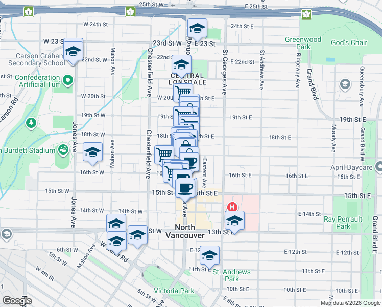 map of restaurants, bars, coffee shops, grocery stores, and more near 110 East 17th Avenue in Vancouver