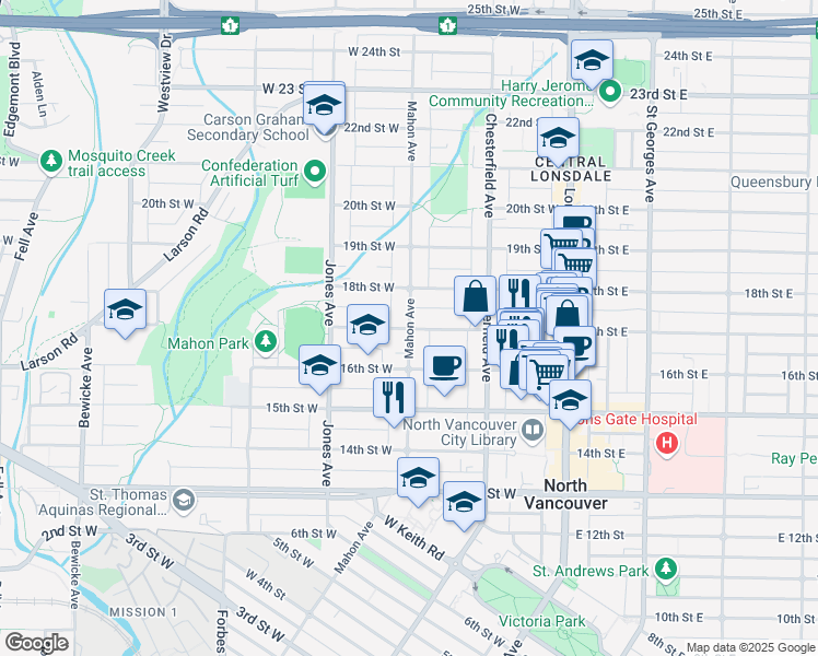 map of restaurants, bars, coffee shops, grocery stores, and more near 270 17th Street West in North Vancouver