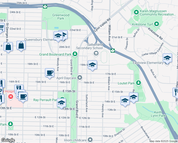 map of restaurants, bars, coffee shops, grocery stores, and more near 1712 Sutherland Avenue in North Vancouver