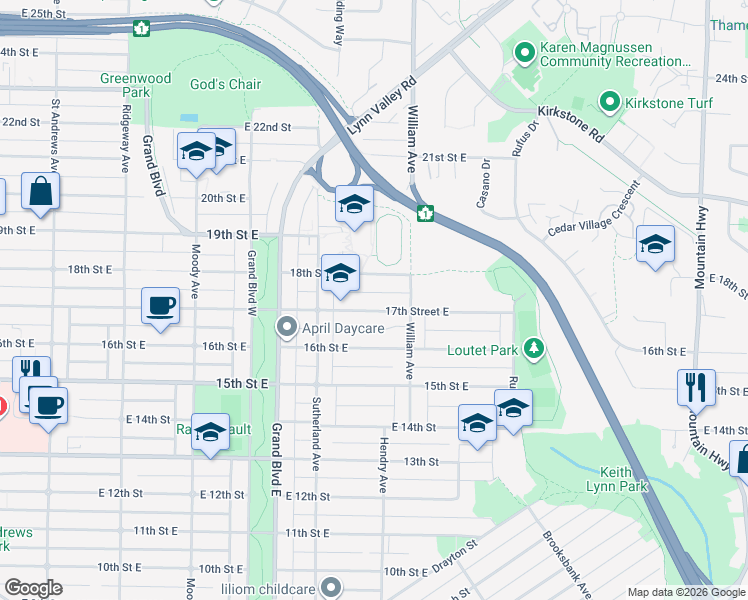 map of restaurants, bars, coffee shops, grocery stores, and more near in North Vancouver