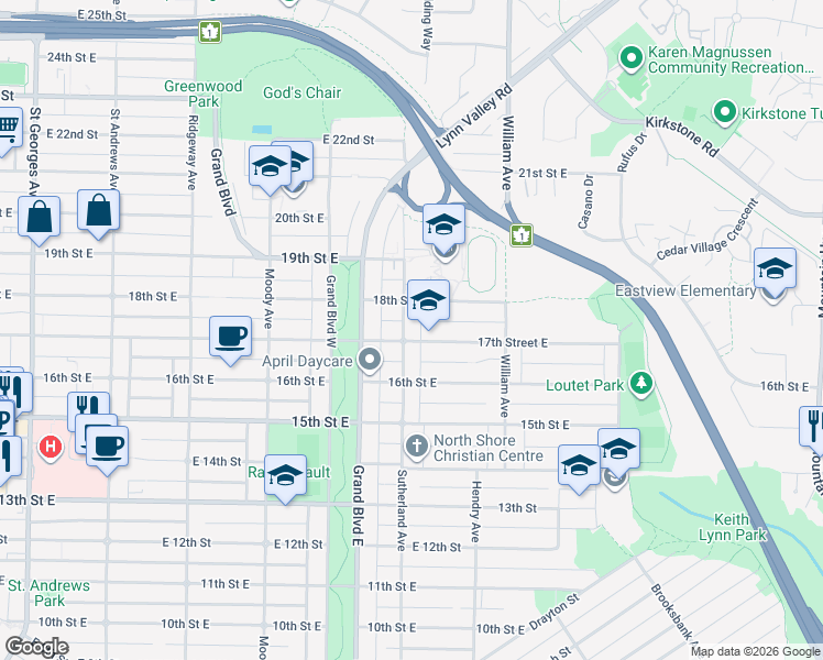 map of restaurants, bars, coffee shops, grocery stores, and more near 1712 Sutherland Avenue in North Vancouver