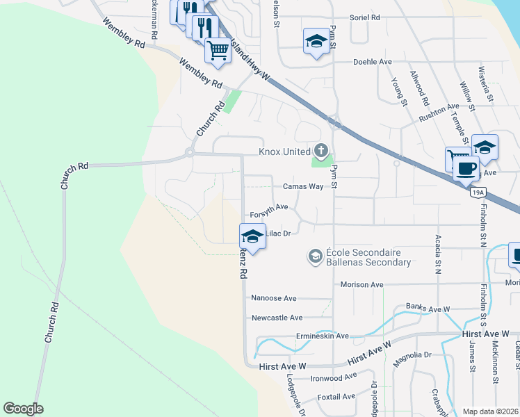 map of restaurants, bars, coffee shops, grocery stores, and more near 773 Forsyth Avenue in Parksville