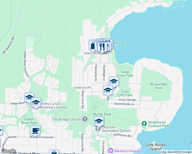 map of restaurants, bars, coffee shops, grocery stores, and more near Panorama Drive in North Vancouver