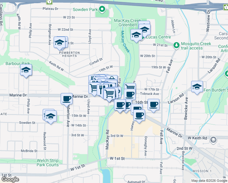 map of restaurants, bars, coffee shops, grocery stores, and more near 1633 Mackay Avenue in North Vancouver