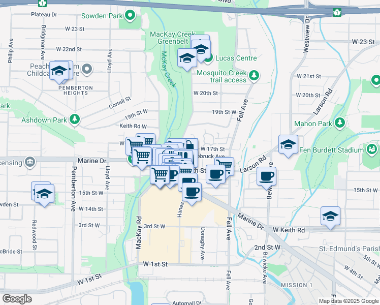 map of restaurants, bars, coffee shops, grocery stores, and more near in North Vancouver