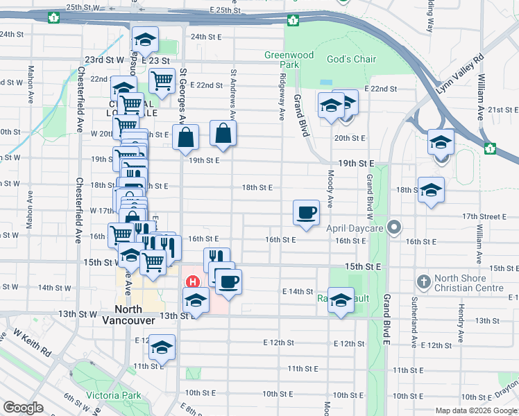 map of restaurants, bars, coffee shops, grocery stores, and more near 336 17th Street East in North Vancouver