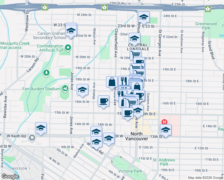 map of restaurants, bars, coffee shops, grocery stores, and more near 1701 Chesterfield Avenue in North Vancouver