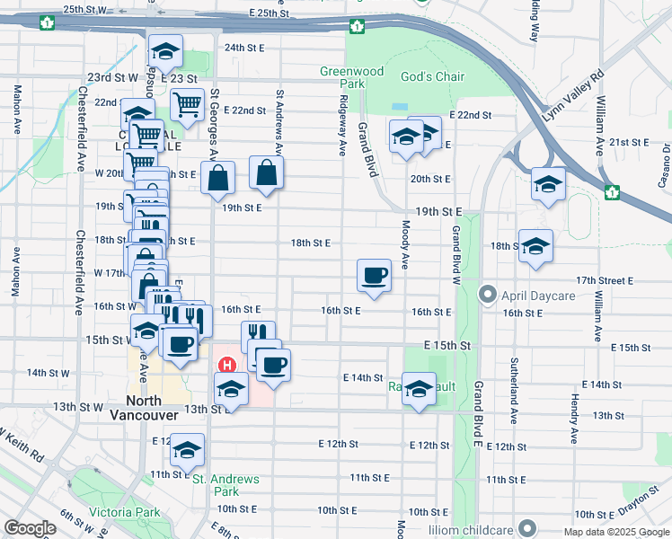 map of restaurants, bars, coffee shops, grocery stores, and more near 362 17th Street East in North Vancouver