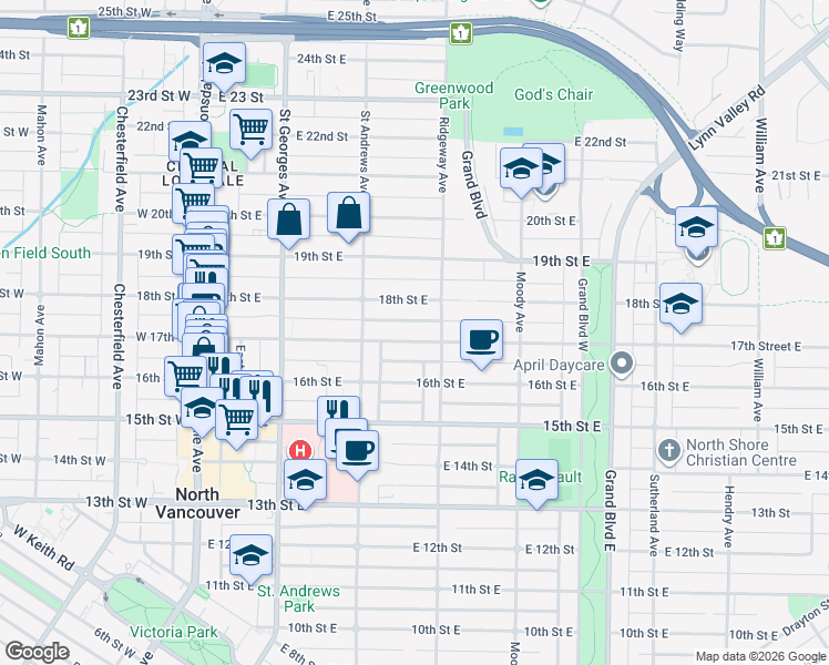 map of restaurants, bars, coffee shops, grocery stores, and more near 344 17th Street East in North Vancouver