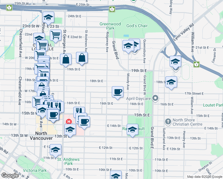 map of restaurants, bars, coffee shops, grocery stores, and more near in North Vancouver