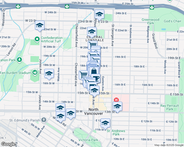 map of restaurants, bars, coffee shops, grocery stores, and more near 900 West 17th Street in North Vancouver