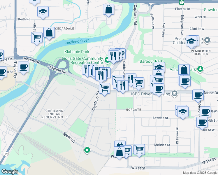 map of restaurants, bars, coffee shops, grocery stores, and more near 1980 Marine Drive in North Vancouver