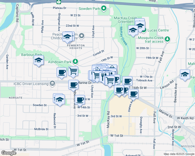 map of restaurants, bars, coffee shops, grocery stores, and more near 1078 Marine Drive in North Vancouver