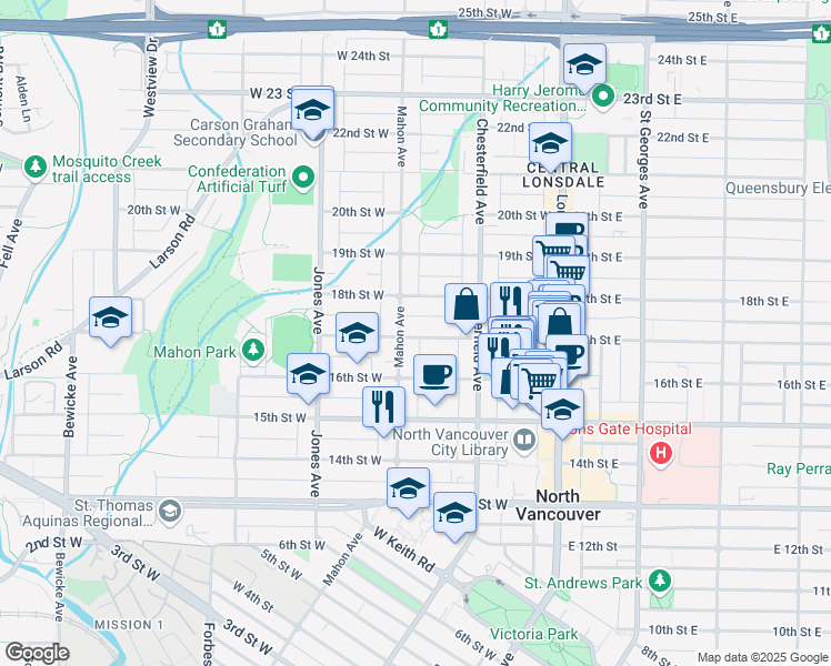 map of restaurants, bars, coffee shops, grocery stores, and more near 270 17th Street West in North Vancouver
