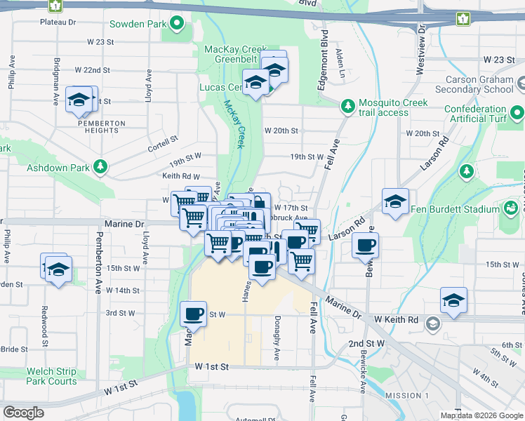 map of restaurants, bars, coffee shops, grocery stores, and more near in North Vancouver