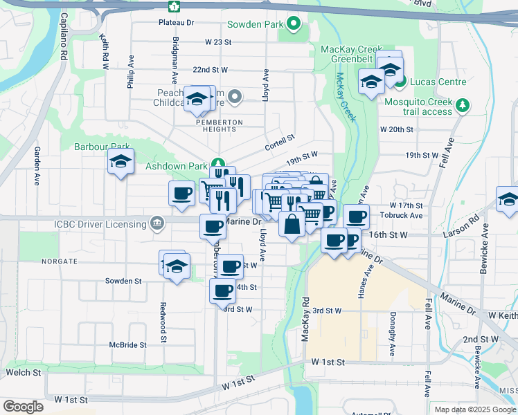 map of restaurants, bars, coffee shops, grocery stores, and more near 1677 Lloyd Avenue in North Vancouver