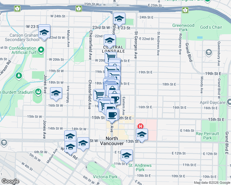 map of restaurants, bars, coffee shops, grocery stores, and more near 1708 Lonsdale Avenue in North Vancouver
