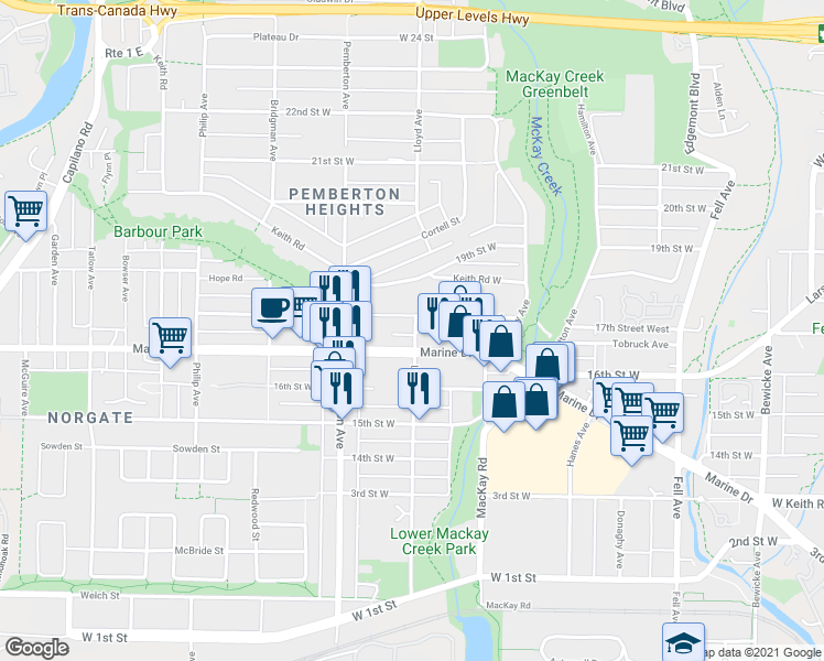 map of restaurants, bars, coffee shops, grocery stores, and more near in North Vancouver