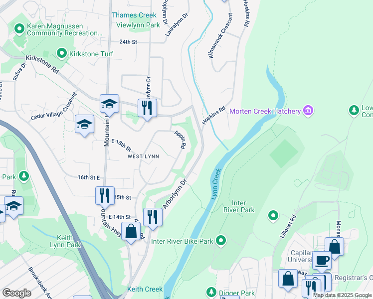 map of restaurants, bars, coffee shops, grocery stores, and more near 1852 Appin Road in North Vancouver