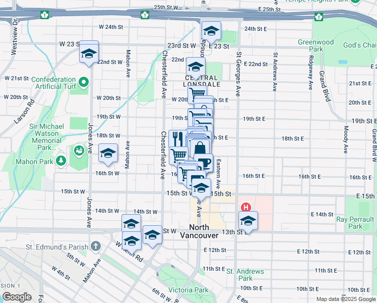 map of restaurants, bars, coffee shops, grocery stores, and more near 117 17th Street West in North Vancouver