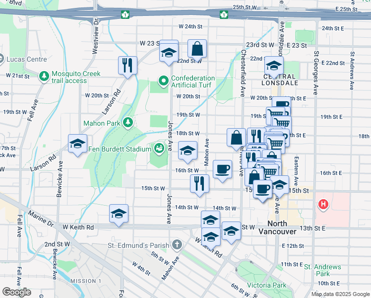 map of restaurants, bars, coffee shops, grocery stores, and more near 338 17th Street West in North Vancouver