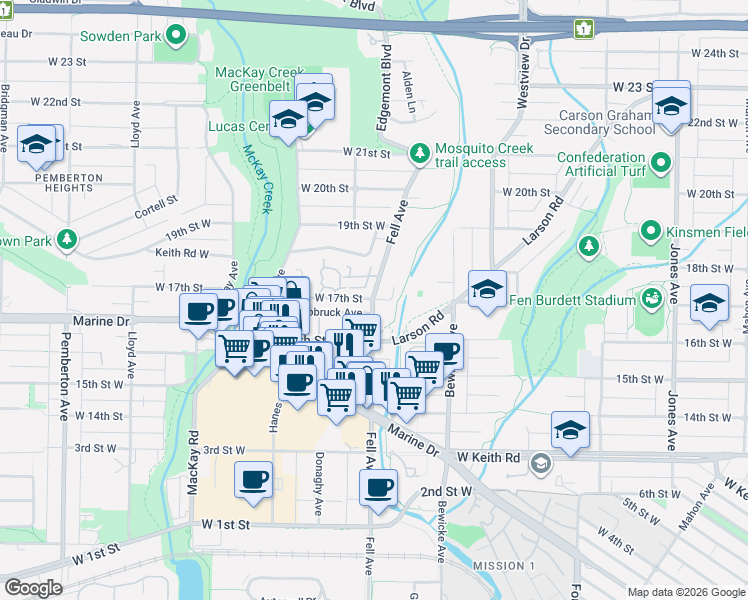 map of restaurants, bars, coffee shops, grocery stores, and more near 786 West 17th Street in North Vancouver
