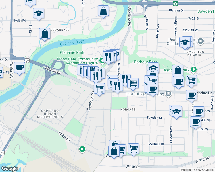 map of restaurants, bars, coffee shops, grocery stores, and more near in North Vancouver