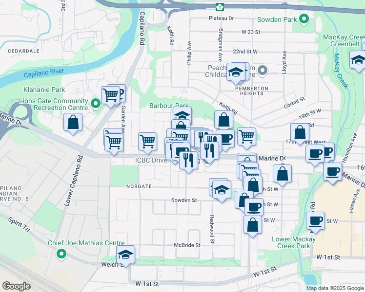 map of restaurants, bars, coffee shops, grocery stores, and more near 1657 Philip Avenue in North Vancouver
