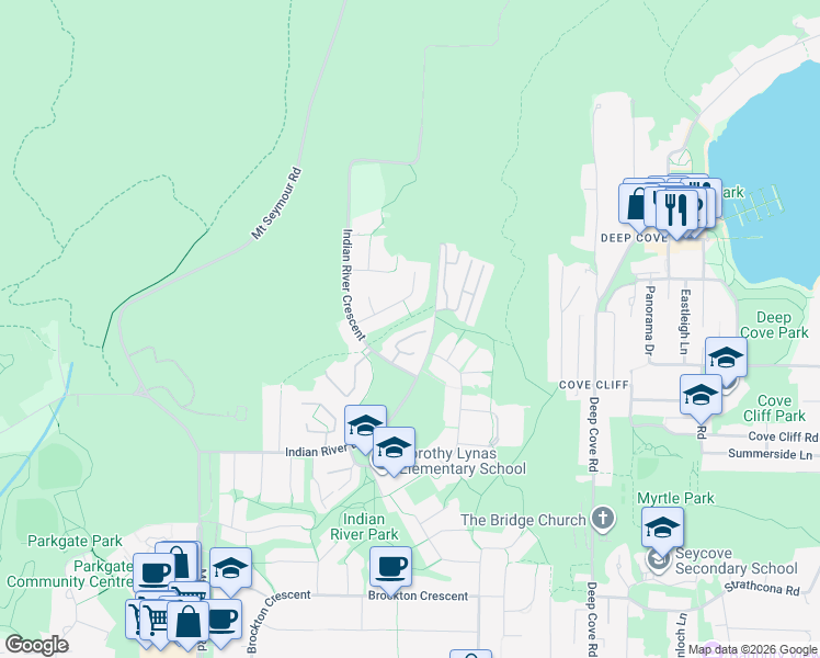 map of restaurants, bars, coffee shops, grocery stores, and more near 1900 Indian River Crescent in North Vancouver