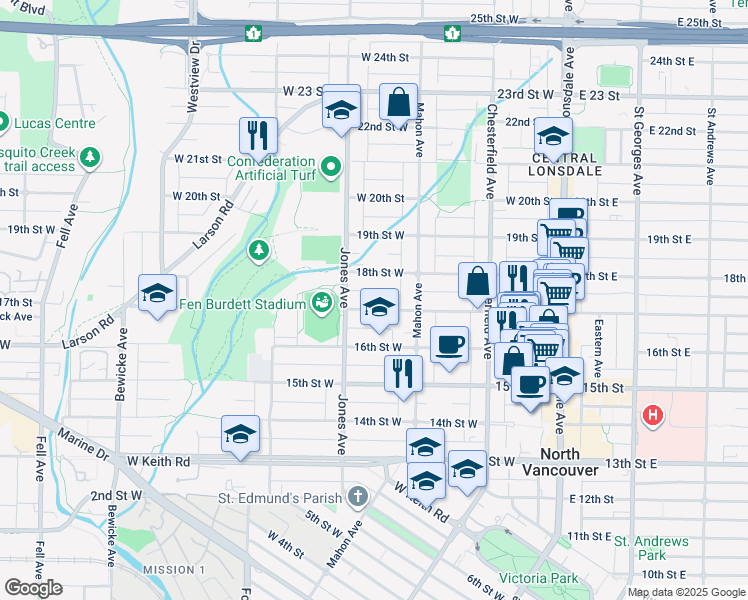 map of restaurants, bars, coffee shops, grocery stores, and more near 338 West 17th Street in North Vancouver