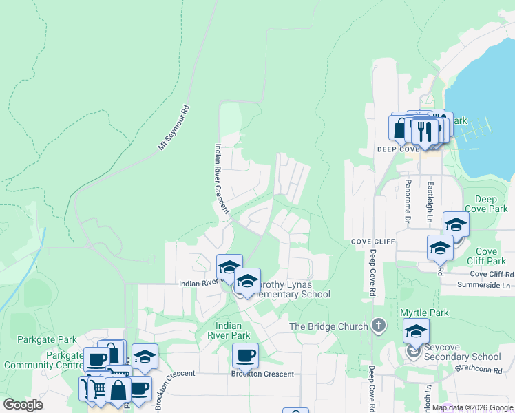 map of restaurants, bars, coffee shops, grocery stores, and more near 1900 Indian River Crescent in North Vancouver