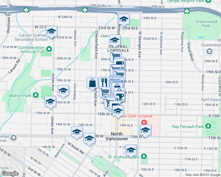 map of restaurants, bars, coffee shops, grocery stores, and more near in North Vancouver