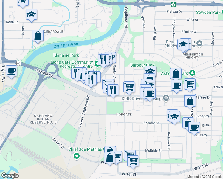 map of restaurants, bars, coffee shops, grocery stores, and more near 1655 Garden Avenue in North Vancouver
