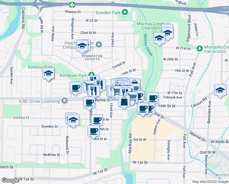 map of restaurants, bars, coffee shops, grocery stores, and more near 1085 West 17th Street in North Vancouver