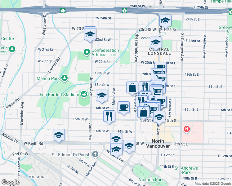 map of restaurants, bars, coffee shops, grocery stores, and more near 1716 Mahon Avenue in North Vancouver